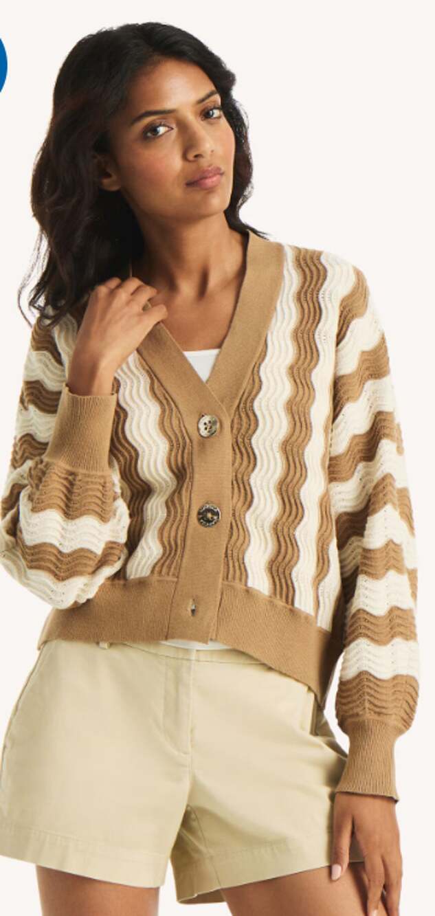 NWT Womens Nautica Long Sleeeve Western Cardigan Sweater Size Large Beige V Neck